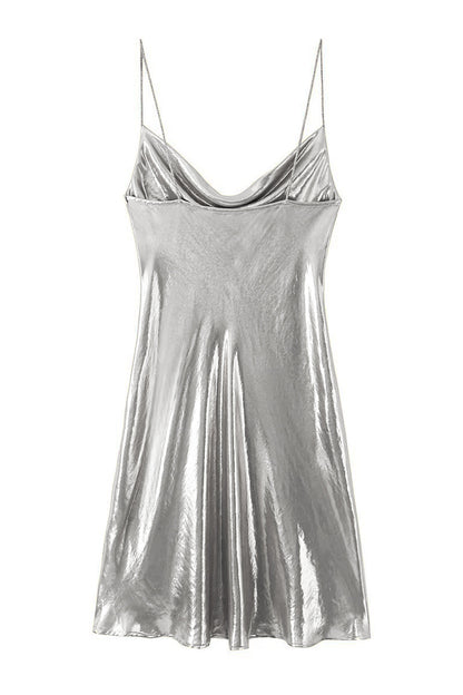 Cowl Neck Spaghetti Strap Metallic Satin Slip Mini Dress