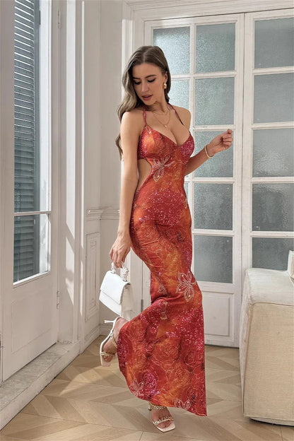 Vintage Printed Floral Lace-Up Floral Dress