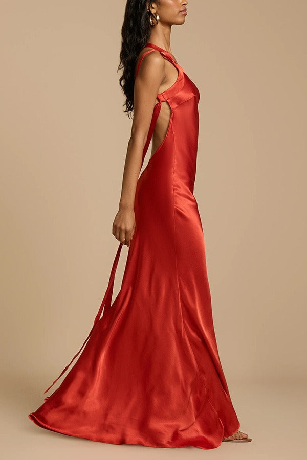 One-Shoulder Knotted Strap Side-Tie Satin Column Maxi Gown
