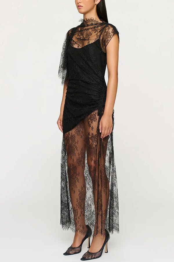 Romantic Statement Lace One Shoulder Bell Sleeve Asymmetrical Maxi Dress