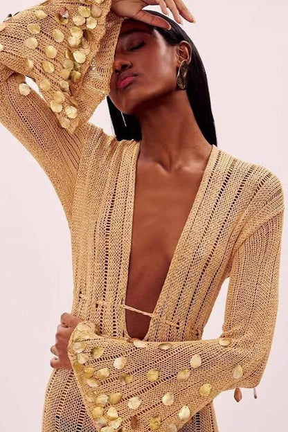 | V Neck Belted Sequin Knit Maxi Dress