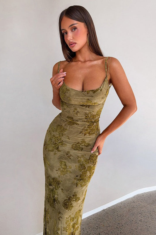 Floral Burnout Velvet Spaghetti Strap Chain Back Bodycon Maxi Dress