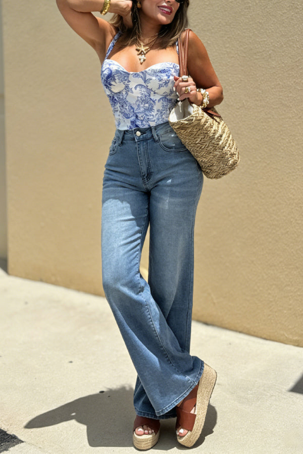 Stylish High-waisted Pocket Casual Wide-leg Jeans