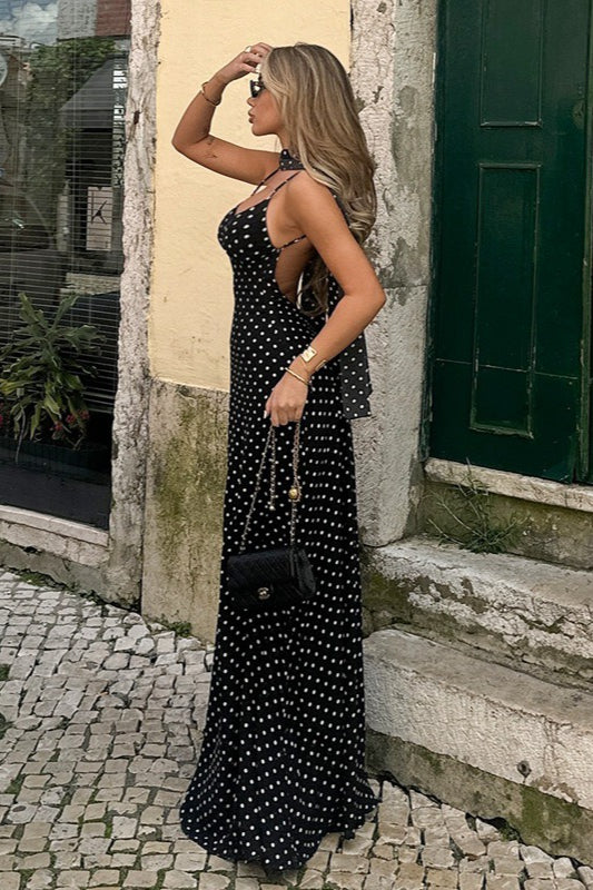 | Polka Dot V Neck Backless Maxi Dress