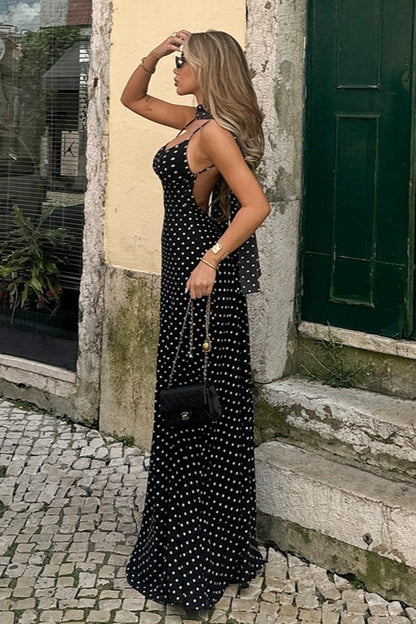 | Polka Dot V Neck Backless Maxi Dress