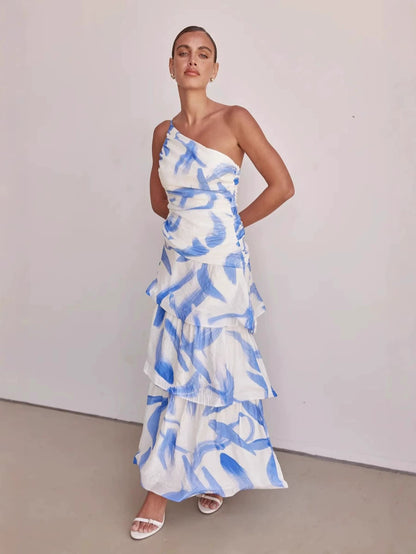 Floral One-Shoulder Maxi Dress – Women's Vacation Dress