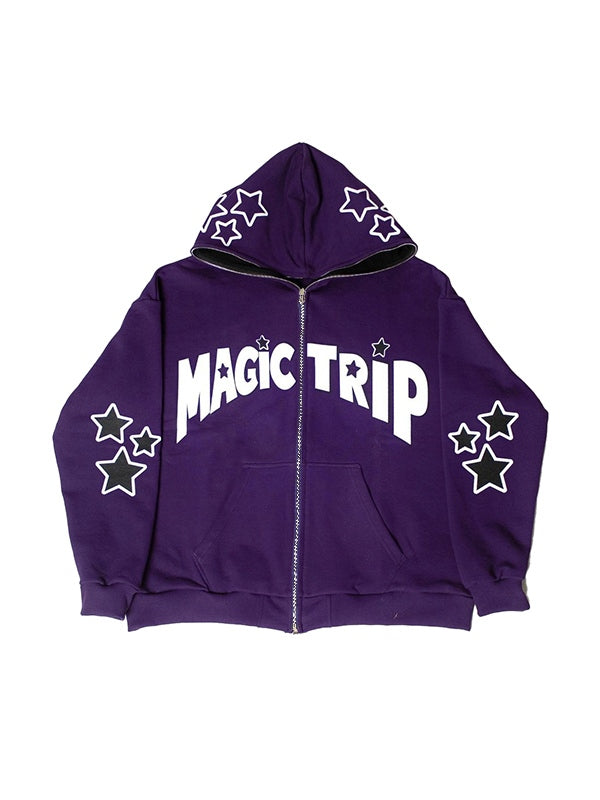Letter Star Print Contrast Color Oversized Hoodie
