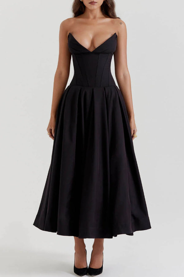 Strapless Corset Sweetheart Neckline Pleated Full Skirt Midi Dress