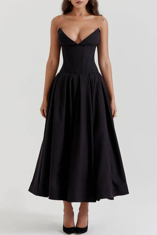 Strapless Corset Sweetheart Neckline Pleated Full Skirt Midi Dress