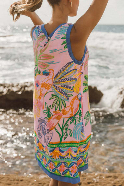 Summer Unique Print Loose Round Neck Sleeveless Casual Pocket Mini Dress