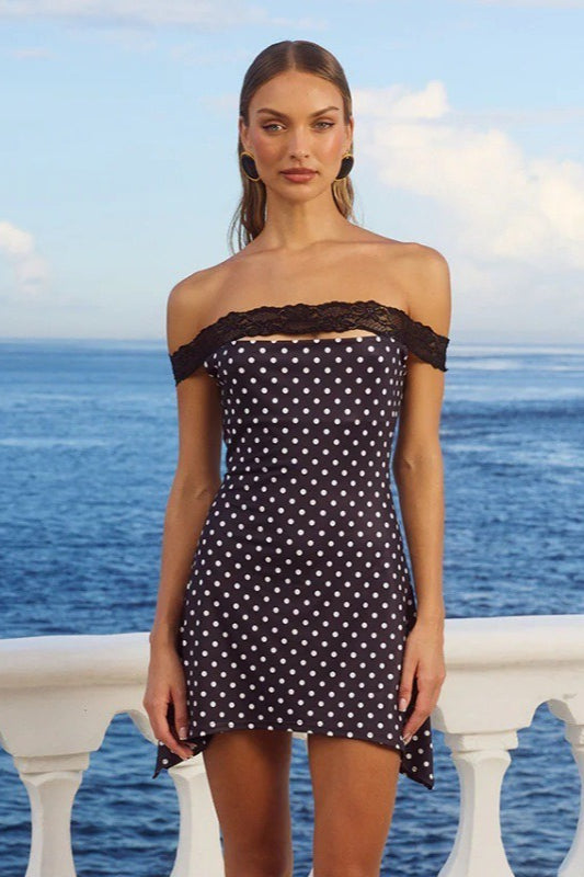 Polka Dot Off-the-Shoulder Lace Trim Bodycon Mini Dress