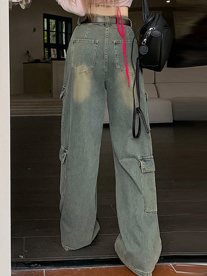 High Waist Multi Pocket Mopping Cargo Jeans
