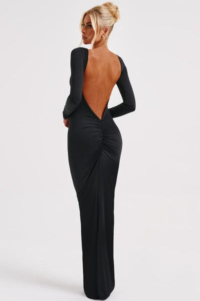 Backless Long Sleeve Ruched Mermaid Formal Gown