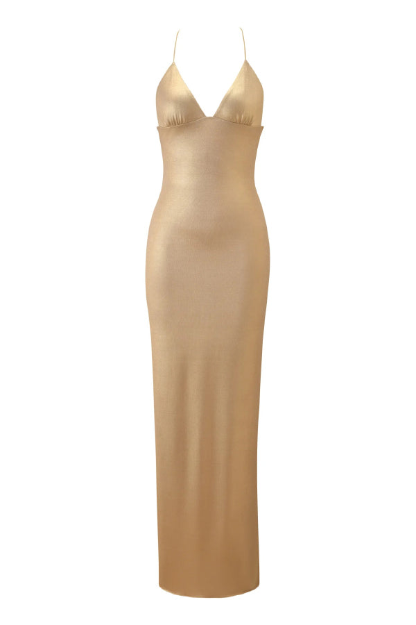 Fashionable Metallic V-neck Backless Butterfly Fitted Maxi Dress