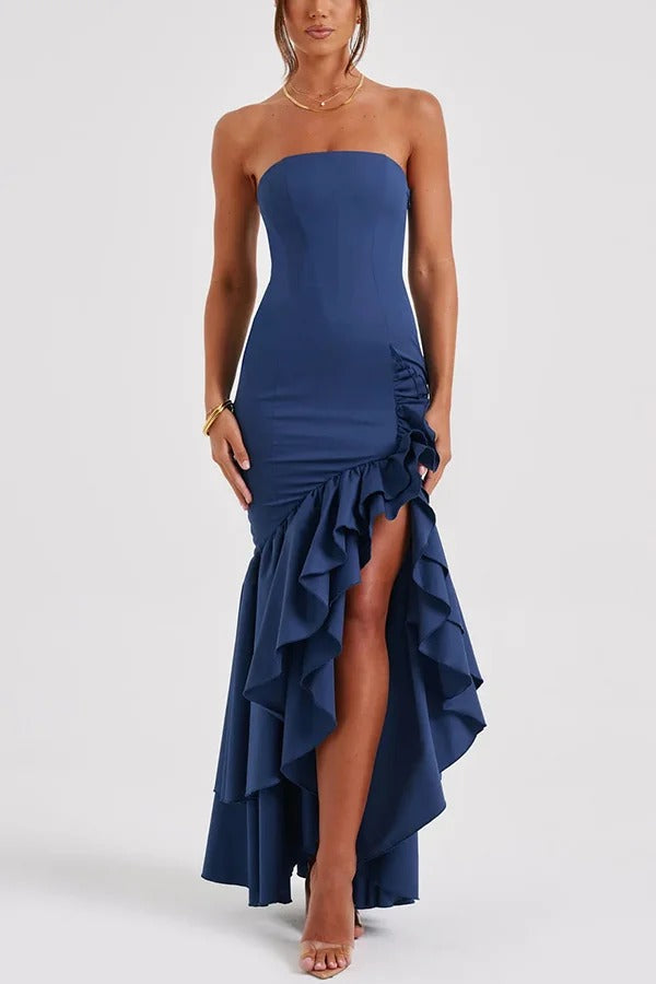 Strapless Ruched Hip Cascade Tiered Ruffle High-Low Maxi Gown
