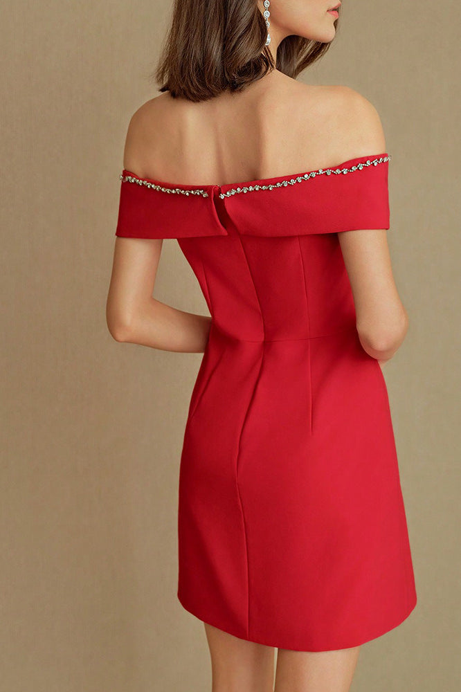 Rhinestone Trim Off Shoulder Bow Wrap Bodycon Mini Dress