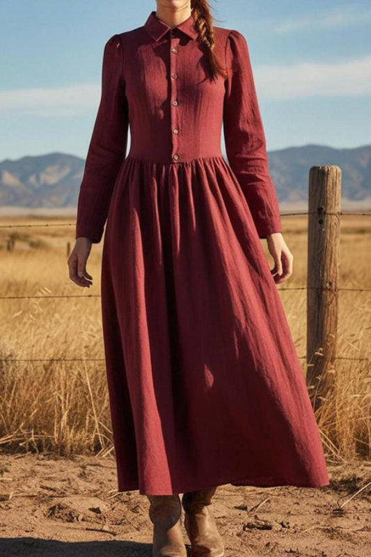 Linen Blend Solid Color Lapel Long-sleeved Casual Maxi Dress