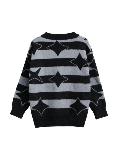 Plush Stripe Print V Neck Star Embellished Sweater