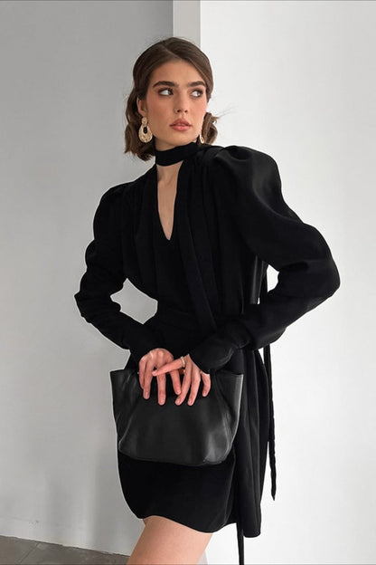 Choker Neck Deep V Neck Puff Shoulder Tie Waist Wrap Mini Dress