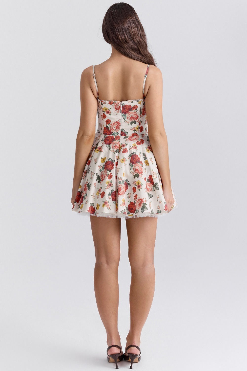 Floral Print Sweetheart Bustier Spaghetti Strap Tulle Hem Fit-and-Flare Mini Dress