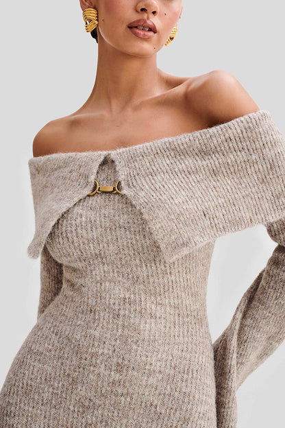 Solid Color Off-shoulder Long-sleeved Elegant Slim-fit Knit Maxi Dress
