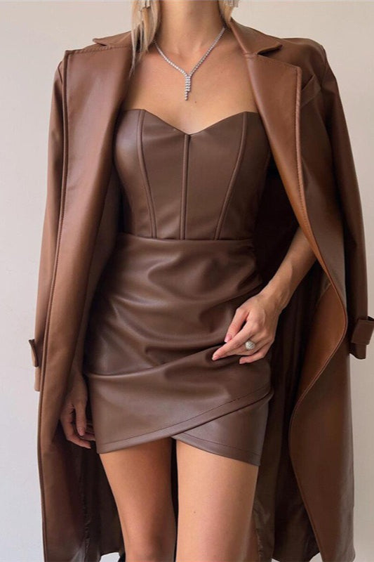 Strapless Corset Boned Ruched Faux Leather Bodycon Mini Dress