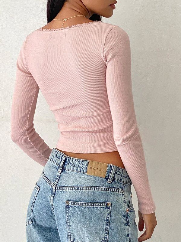Solid Color U Neck Lace Trim Long Sleeve Knit