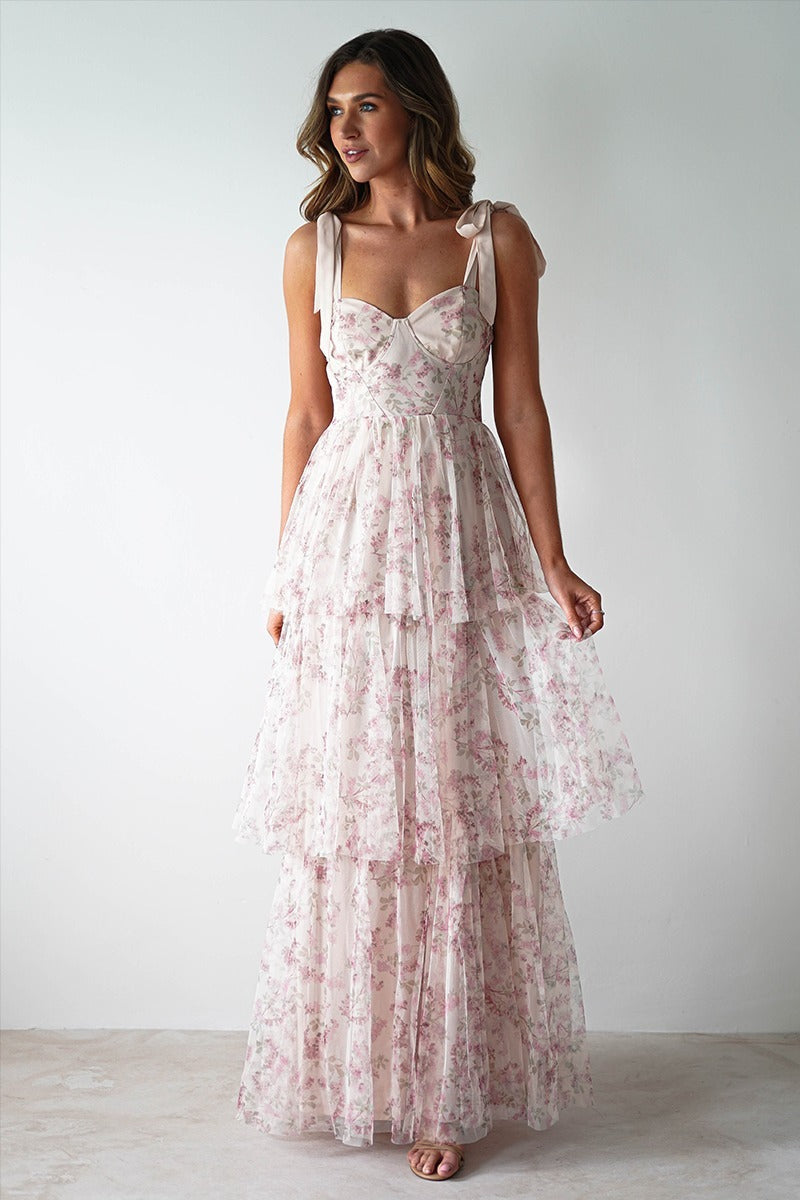 Sweetheart Bustier Tie Shoulder Bow Strap Tiered Ruffle Floral Maxi Dress