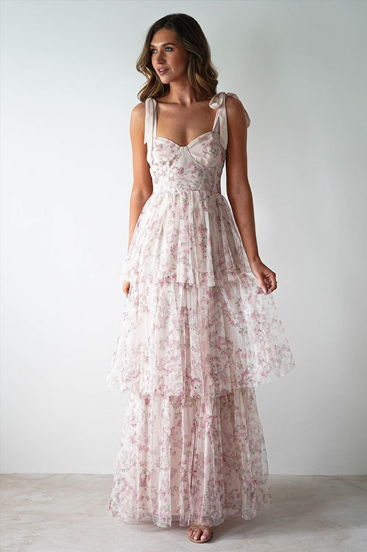 Sweetheart Bustier Tie Shoulder Bow Strap Tiered Ruffle Floral Maxi Dress