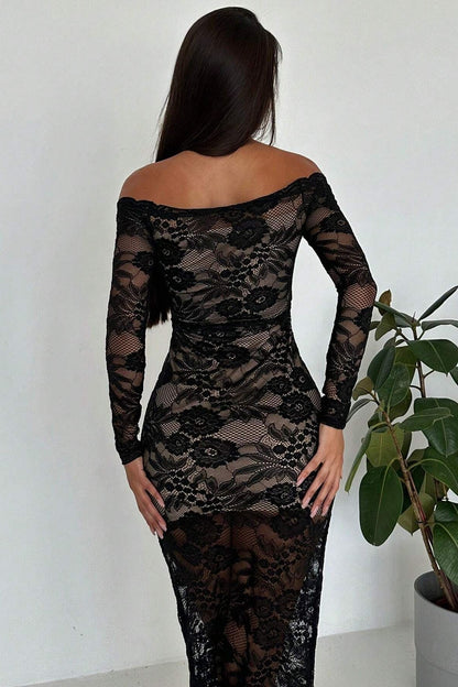Off-Shoulder Floral Lace Long Sleeve Sheer Skirt Bodycon Maxi Dress