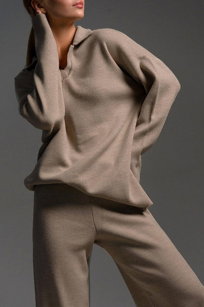 | Polo Collar Knit Pullover and Wide-Leg Pants Set
