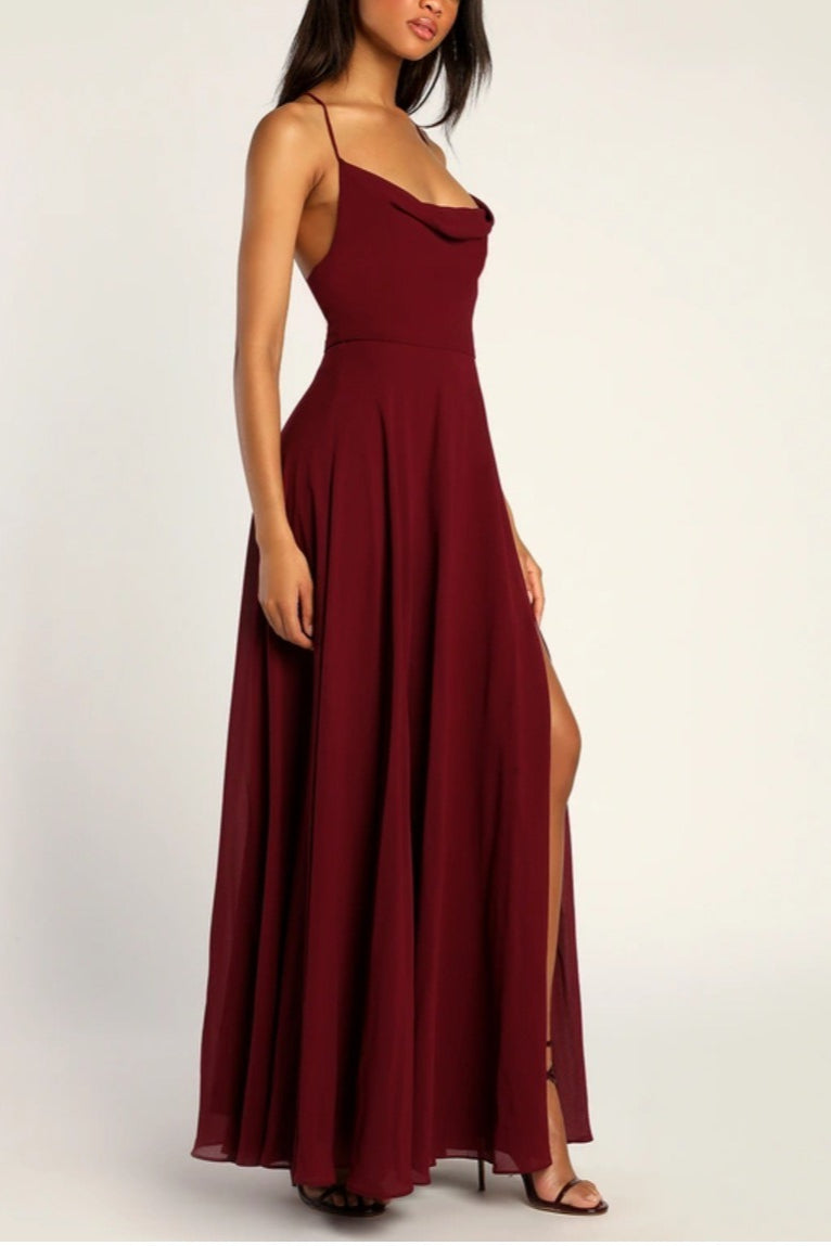 Cowl Neck Spaghetti Strap High Slit A-Line Chiffon Maxi Gown