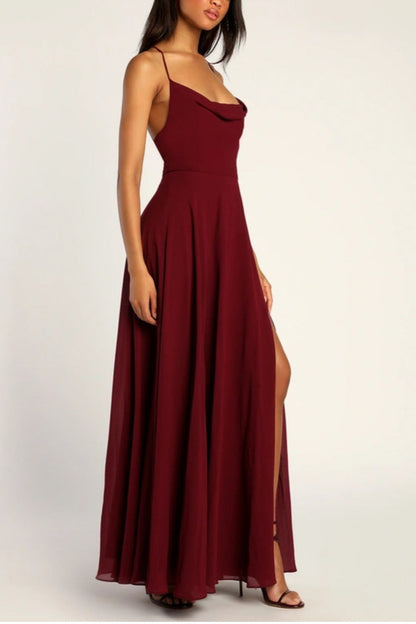 Cowl Neck Spaghetti Strap High Slit A-Line Chiffon Maxi Gown