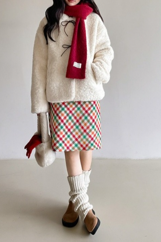Vintage Color Block Bow Tie Fuzzy Tie-Up Coat