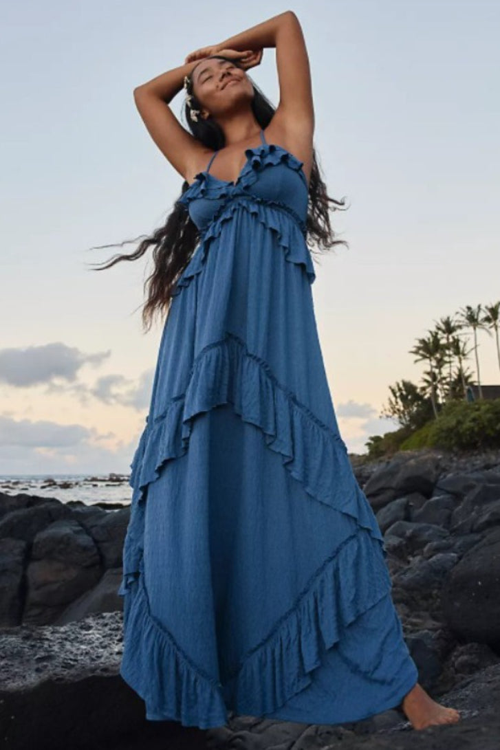 Backless Halter Tie Crop Top Tiered Ruffle Maxi Skirt Set