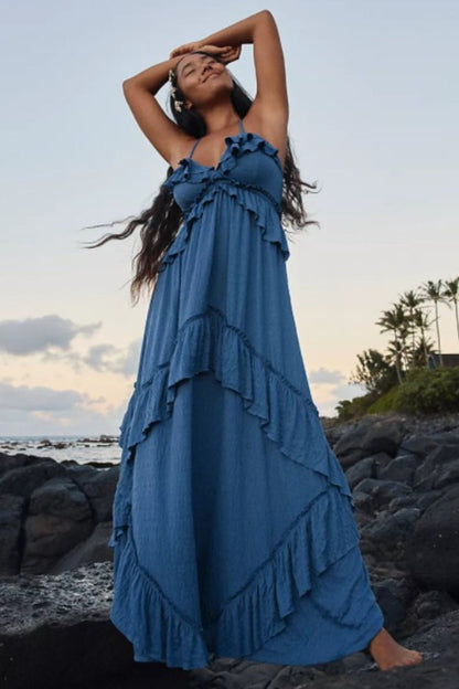 Backless Halter Tie Crop Top Tiered Ruffle Maxi Skirt Set