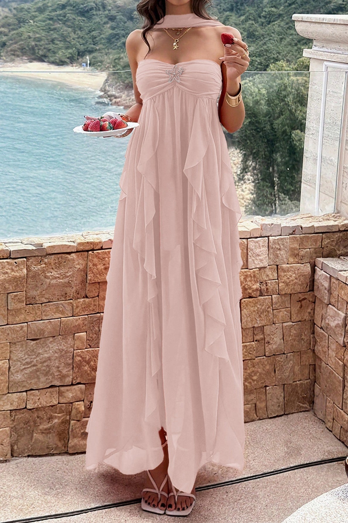 Strapless Ruched Starfish Brooch Cascading Vertical Ruffle Chiffon Maxi Dress