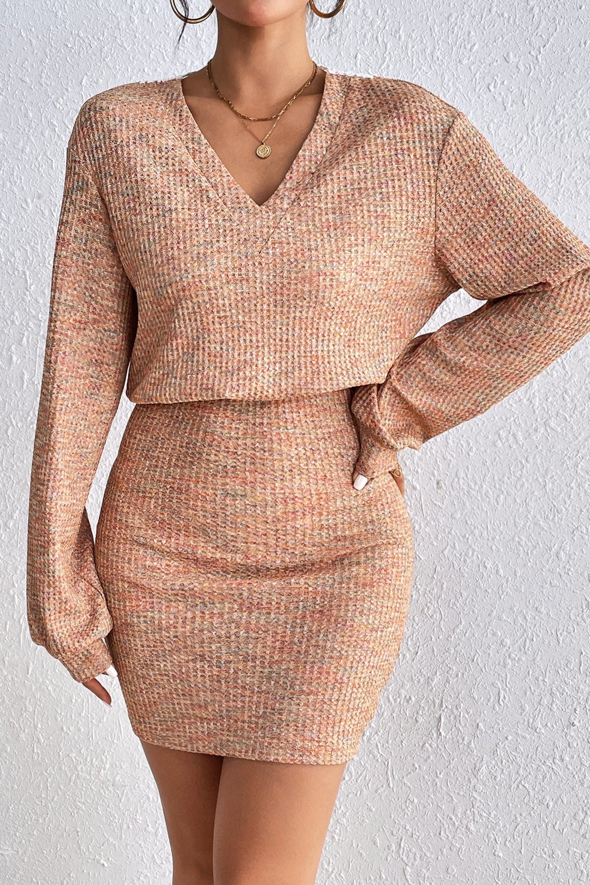 Waffle Knit Deep V-Neck Long Sleeve Crop Top and Bodycon Mini Skirt Set