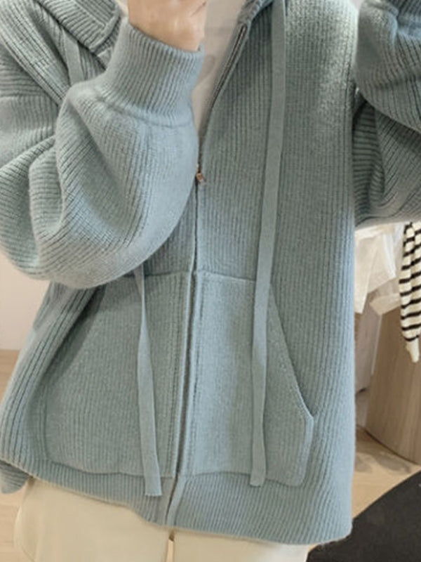 Solid Hooded Zip Up Knit Cardigan