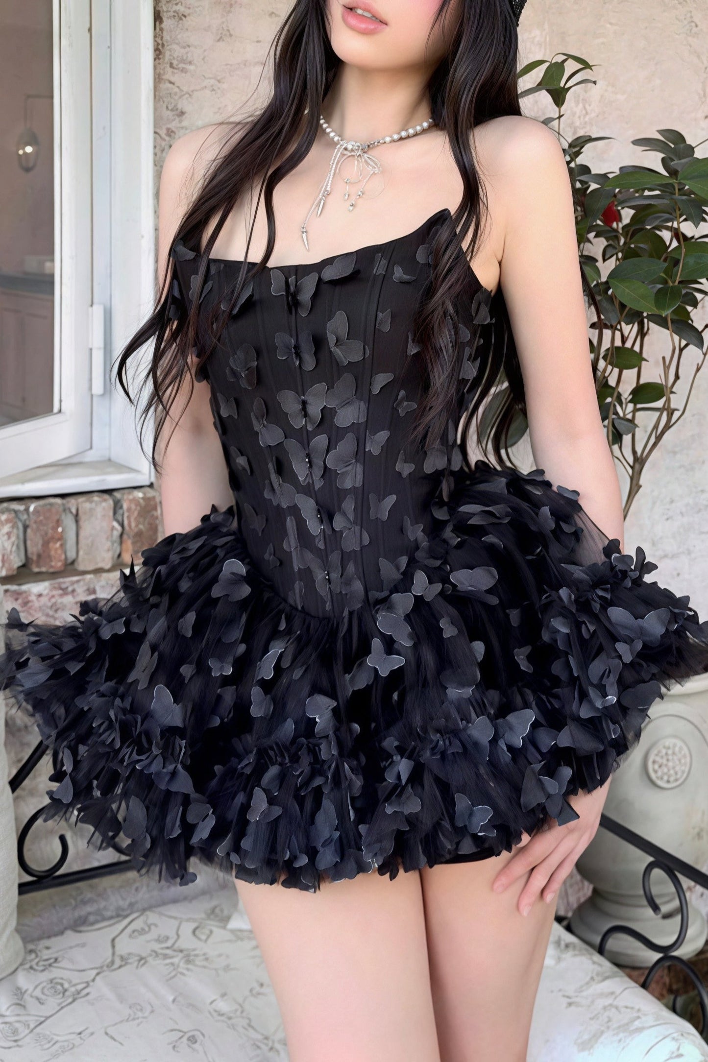 Strapless Corset Bodice 3D Butterfly Applique Ruffle Tiered Mini Dress