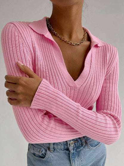 Solid V Neck Ribbed Sweater