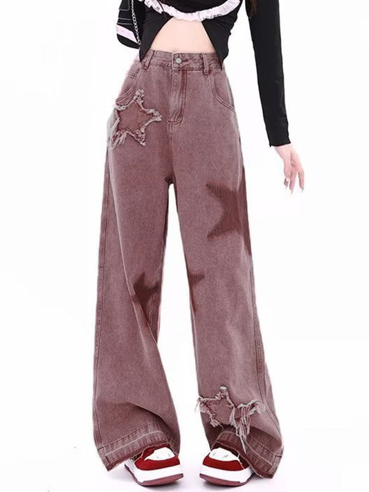 Vintage Star Print Embroidery Boyfriend Jeans