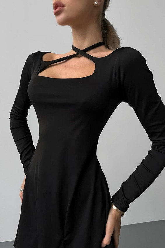 Criss Cross Halter Cutout Long Sleeve Skater Mini Dress
