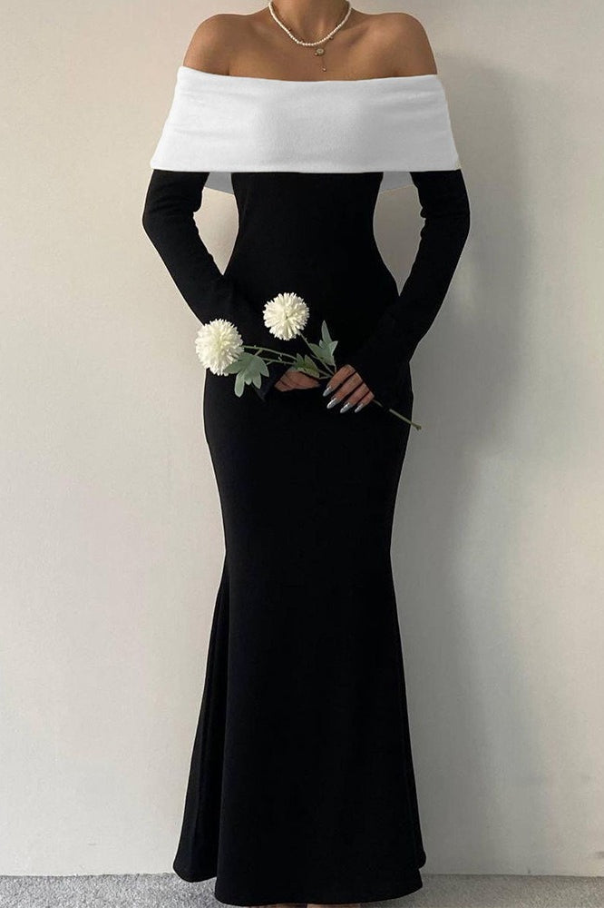 | Colorblock Off Shoulder Maxi Dress