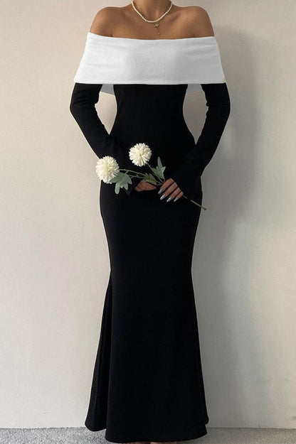 | Colorblock Off Shoulder Maxi Dress