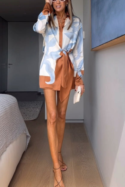 Lake Days Satin Colorblock Unique Print Tie-up Shirt Mini Dress