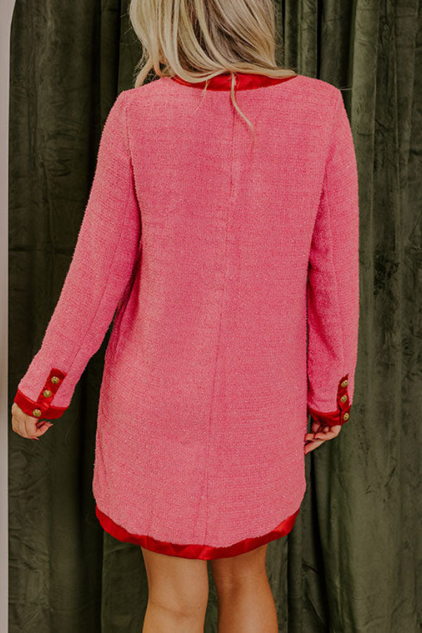 Tweed Satin Bow Trim Metal Button Patch Pocket Long Sleeve Mini Dress