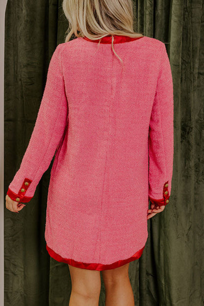 Tweed Satin Bow Trim Metal Button Patch Pocket Long Sleeve Mini Dress