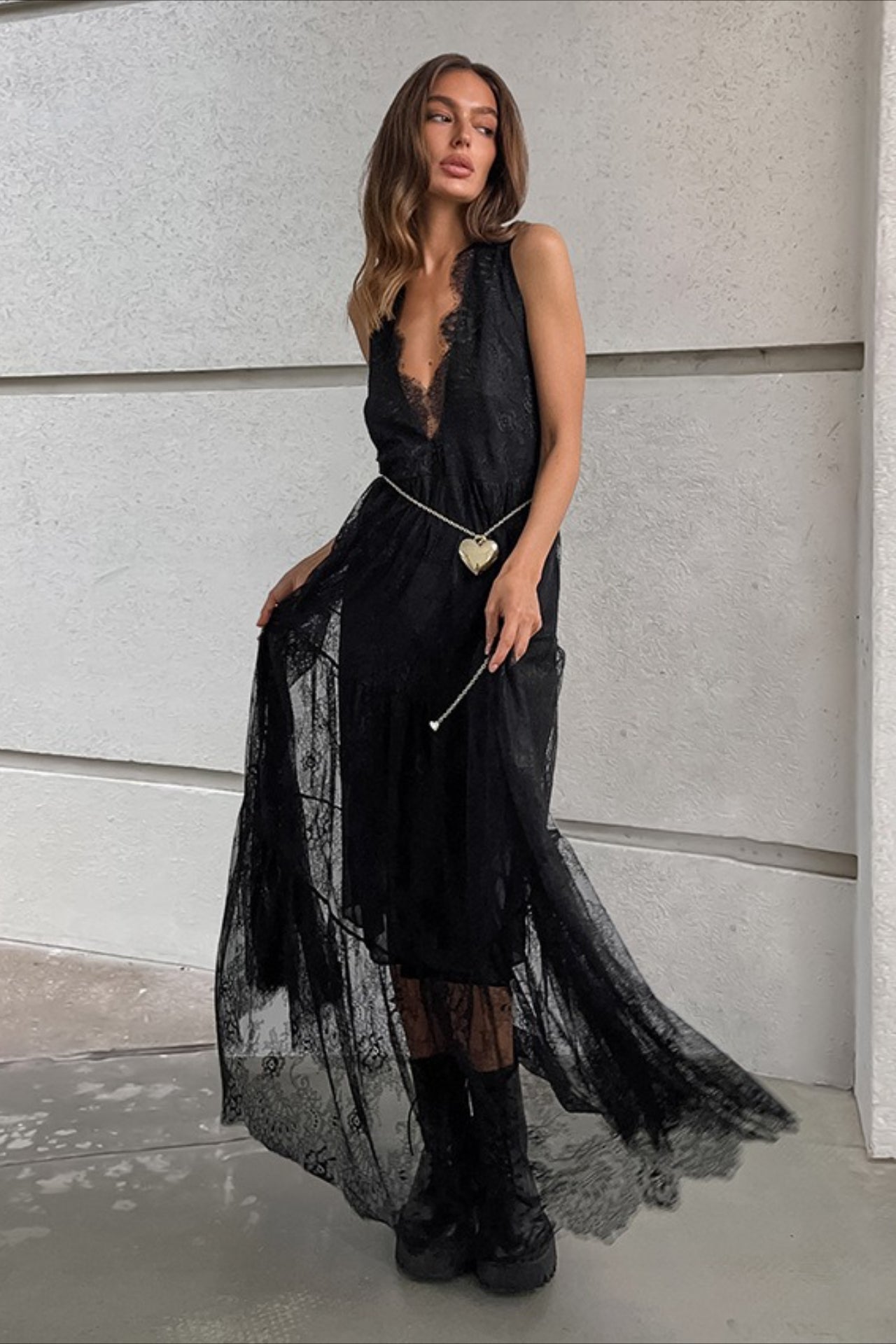 Lace Trim Deep V Neck Chain Belt Sheer Overlay Maxi Dress