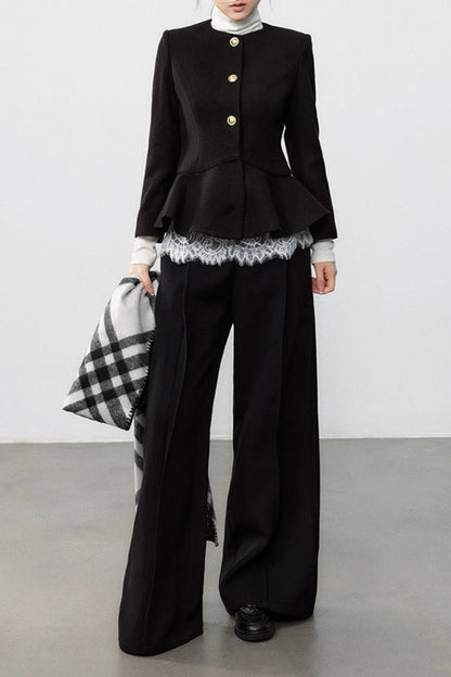 Black Pleated Waist Elegant Wool Coat